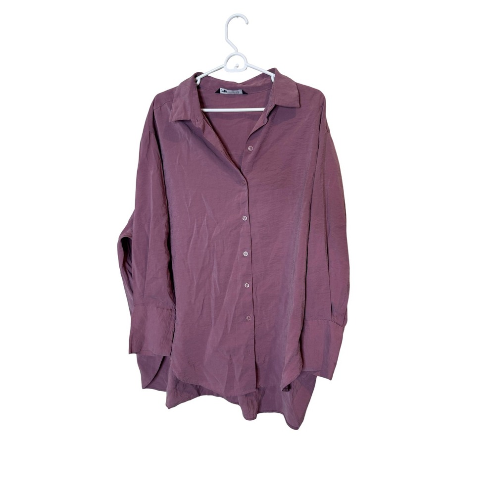 Zara Tunic Shirt Womens Medium Purple Button Front Collared Long Sleeve Crinkle